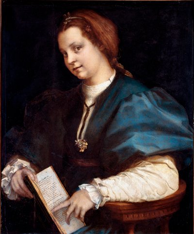 صورة شخصية مجهولة (سيدة في Petrarchino ، المرأة تحمل في يديها نسخة من "Canzoniere" بقلم بترارك (Petrarca) لوحة خشبية لأندريا ديل سارتو (1486-1530) 1528 حوالي الشمس 84x69 سم فلورنس ، جاليريا ديجلي أوفيزي (مكاتب) بواسطة أندريا ديل سارتو