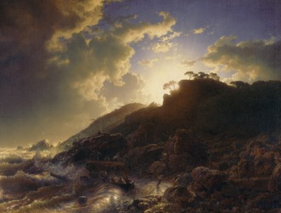 غروب الشمس بعد عاصفة على ساحل صقلية ، 1853. بواسطة أندرياس أشنباخ