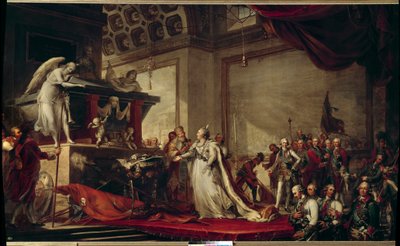 تضع الإمبراطورة كاثرين الثانية من روسيا (1729-1796) التروبيات المأخوذة من الأتراك أمام قبر بطرس الأكبر لوحة من 1791 لأندرياس كاسبار هوون (هويني) (1758-1813) - بوشكين (مدينة) - (قصر كاثرين؟) بواسطة أندرياس كاسبار هون