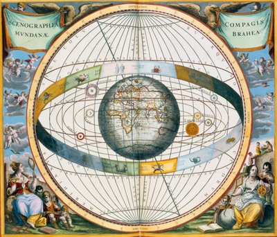 خريطة توضح نظام Tycho Brahe لمدارات الكواكب حول الأرض ، 1660-1661 بواسطة أندرو سيلاريوس