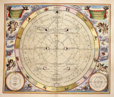 Phases of Moon and its orbit, engraving from Harmonia Macrocosmica, by Andreas Cellarius (1596-1665) بواسطة أندرو سيلاريوس