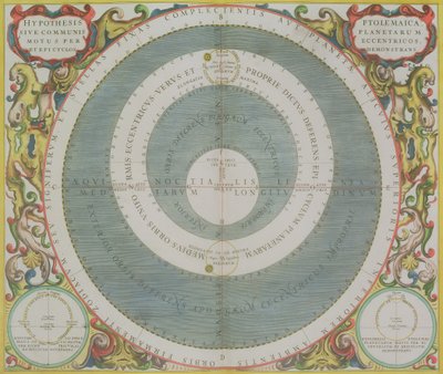 النظام البطلمى ، من "الأطلس السماوي ، أو تناغم الكون" (أطلس coelestis seu harmonia macrocosmica). بقلم جوان جانسونوس ، أمستردام ، 1660-61 (النقش اليدوي) بواسطة أندرو سيلاريوس