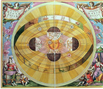 Scenographia: المخطط الفلكي Systematis Copernicani (حوالي 1543) ابتكره نيكولاس كوبرنيكوس (1473-1543) ، من "الأطلس السماوي ، أو تناغم الكون" بواسطة أندرو سيلاريوس