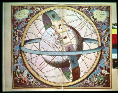خريطة العالم مع دائرة الأبراج المطوقة ، "Situs Terrae Circulis Coelestibus Circumnate" ، من "الأطلس السماوي ، أو تناغم الكون" (Atlas coelestis seuharmonia macrocosmica) أمستردام ، حوالي 1660 بواسطة أندرو سيلاريوس