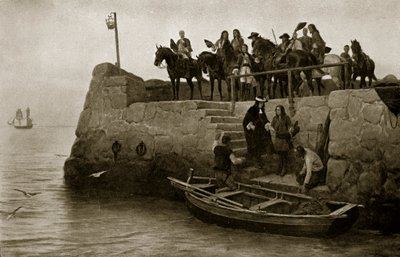 رحلة جيمس الثاني ، 1688 ، رسم توضيحي من "قصة هتشنسون للأمة البريطانية" ، ج .1923 بواسطة أندرو كاريك جو