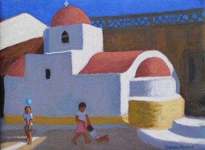اللعب بالكنيسة ، كارباثوس ، الجزر اليونانية ، (زيت على قماش) بواسطة أندرو ماكارا