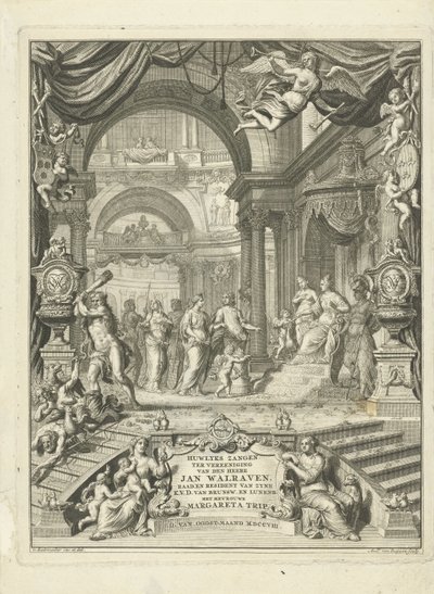 صفحة العنوان لـ: أغاني الزواج لاتحاد السيد جان والرافين ، تخمينات (...) لصفائه الانتخابي في Brunswyk و Lunenburg. مع رحلة السيدة مارغريتا. أمستردام ، 108 بواسطة أندريس فان بويسين (الأب)