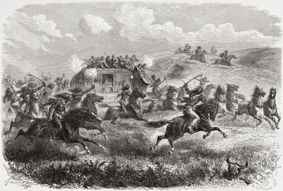 الهنود يهاجمون حطاما عابرا للقارات في عام 1867 ، رسم توضيحي من "العالم في اليدين" ، نقشه تشارلز لابلانت (ت 1903) ، نشر عام 1878 بواسطة أنجي لويس جانيت