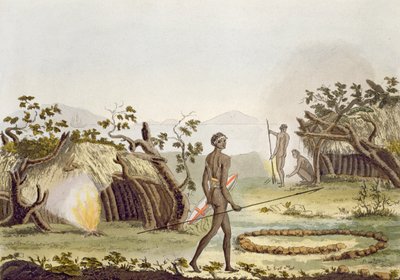 كابينة أصلية ، نيو هولاند ، اللوحة 64 من "Le Costume Ancien et Moderne" ، بقلم جول فيراريو ، تم نشرها في 1820s-30s بواسطة أنجيلو بياسيولي