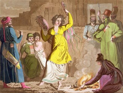 Shamaness of the Teleut people ، منطقة كيميروفو ، سيبيريا ، اللوحة 27 من 'Le Costume Ancien et Moderne' بقلم Jules Ferrario ، تم نشره من 1820s إلى 30s (لون ليثو) بواسطة أنجيلو بياسيولي