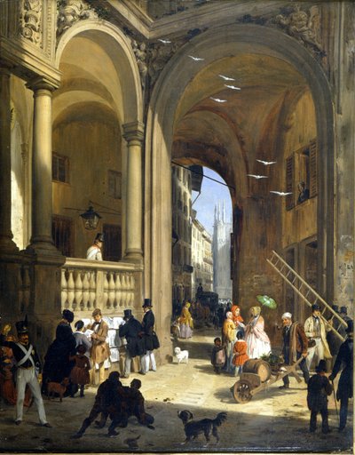 ميلان ، بيازا ميركانتي ، لوحة أنجيلو إنغانني ، حوالي عام 1825. بواسطة أنجيلو إنغاني