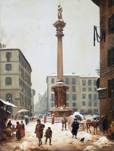 عمود المخلص في Verziere (سوق البقالة) الذي شوهد من شارع سان برناردينو القديم في ميلانو بواسطة أنجيلو إنغاني