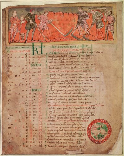 حصاد Cott Tib B V f.6v ، من التقويم ، حوالي 1030 (رق) (لمزيد من التفاصيل انظر 61654) بواسطة الأنجلو ساكسون