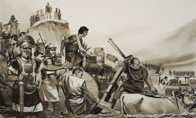 قاد يوليوس قيصر (100-44 ق.م) جنوده عبر نهر روبيكون الصغير وزحف إلى روما (غواش على ورق) بواسطة أنجوس ماكبرايد