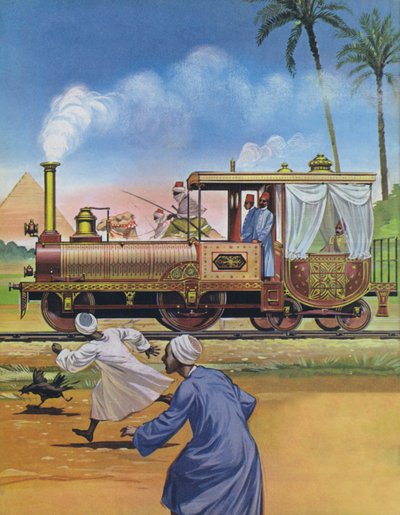 كان لخديوي مصر محرك وعربة صُنعت في إنجلترا عام 1862 (صورة حجرية ملونة) بواسطة أنجوس ماكبرايد