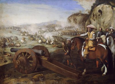 كابتن على ظهور الخيل يأمر بإطلاق مدفع أثناء المعركة ، لوحة لأنييلو فالكون (1607-1656) ، زيت على قماش ، 94 × 131 سم بواسطة أنيللو فالكون