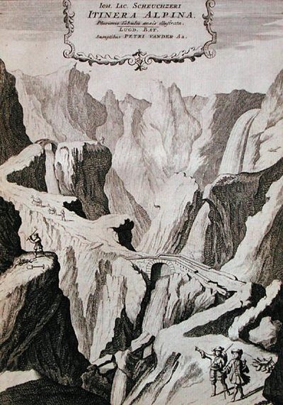 الصفحة الأولى من المجلد الأول من 'Itinera Alpina' بقلم يوهان جاكوب شوتشزيري ، نُشر عام 1706 (نقش) بواسطة آنا واسيرا (بعد) تيغورينا