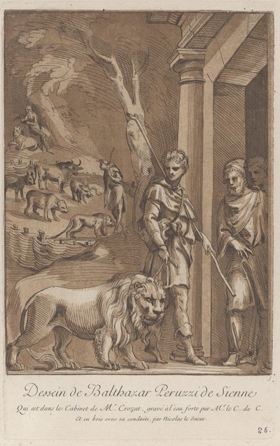 راعي يحمل أسدًا على مقود في المقدمة ، في وسط الأرض ... ، كاليفورنيا. 1729 - 64 بواسطة آن كلود فيليب دي