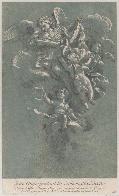 ثلاثة ملائكة يحملون صوف جدعون ، من 'Recueil d'estampes d'apres les plus be ...، ca. 1729 - 64 بواسطة آن كلود فيليب دي