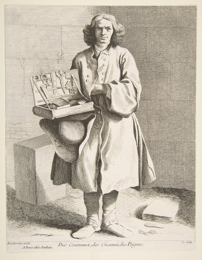 بائع متجول للسكاكين والمقصات وأمشاط ، 1742. بواسطة آن كلود فيليب دي كايلس