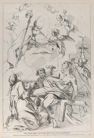 مرضى يستدعون أسقفًا قديسًا يظهر في أعلى اليسار ، 1729-40. بواسطة آن كلود فيليب دي كايلس