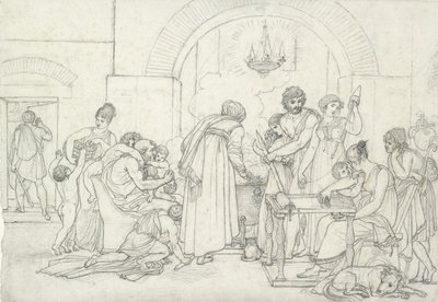 تصميم داخلي ريفي في العصور القديمة (طباشير أسود على ورق أبيض منقوش) بواسطة آن لويس جيروديت دي رويسي تريوسون