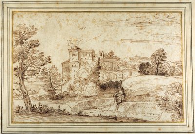 Landscape with a castle and the ruins of a classical portico (pen & brown ink on paper) بواسطة أنيبال (من أتباع) كاراتشي