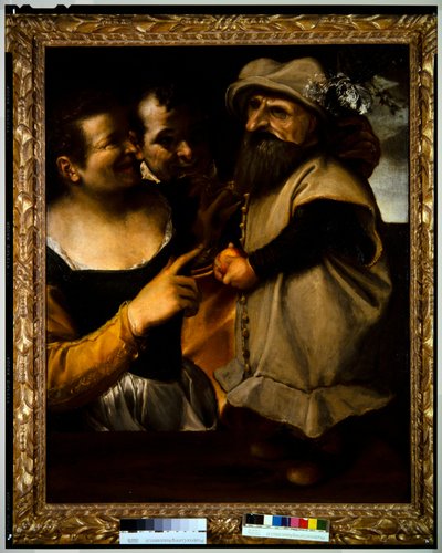 رجل وامرأة معجبان بطفل في زي تنكري، حوالي 1582-1585 (زيت على قماش) بواسطة أنيبال كاراتشي