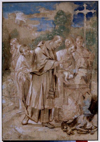 Saint Charles Borromee baptizing a child. The dead sheep and the sketches of layers of bodies next to which a man closes his nose so as not to breathe the smell suggests that the drawing depicts the arch of Milan Saint Charles Borromee (Carlo Borromeo بواسطة أنيبال كاراتشي