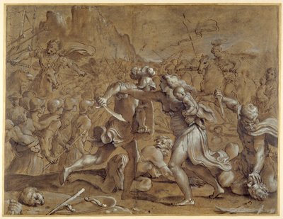 The battle between the Romans and the Sabines (pen & ink with wash and gouache on paper) بواسطة أنيبال كاراتشي