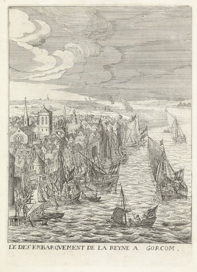 Aankomst van Maria de 'Medici in Gorinchem صعود الملكة إلى Gorcom (العنوان على الكائن) تاريخ دخول الملكة ، والدة الملك المسيحي ، إلى مقاطعات هولندا المتحدة. (عنوان المسلسل) بواسطة Wenceslaus Hollar (رفض الإسناد)