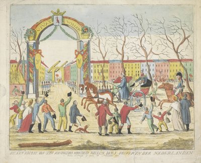 وصول أمير أورانج إلى لاهاي 1813 وصول صاحب السمو الملكي ويليم دن 1 سوفين دير نيدرلاندين بيني إس: الحاج في 30 نوفمبر 1813 (العنوان على الكائن) بواسطة مجهول