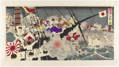 تصوير للمعركة البحرية خلال الحرب الصينية اليابانية Nisshin kaisen no zu (العنوان على الكائن) بواسطة مجهول