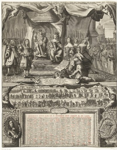 رمزية السلام مع إنجلترا عام 1674 وتقويم عام 1675 Vereenichde Nederlantsche danckbaerheyt ، آين كارولوس الثاني. كونينك فان هيسب. وما إلى ذلك حول صنع سلامهم مع كارولوس الثاني. Coninck van Great Britannien ، ende de reparation بواسطة جاسبار Huybrechts