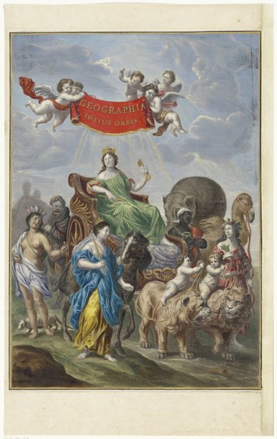 تمثيل استعاري للقارات الأربع Geographia totius orbis (العنوان على الكائن) بواسطة نيكولاي بيترز بيرتشيم