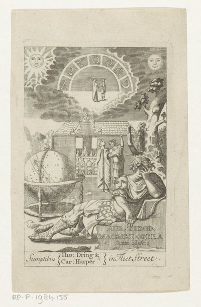 Ambrosius Theodosius Macrobius leunend op steen naast كرة أرضية ذهب ثيود. Macrobius Opera Cum Notis (العنوان على الكائن) Titelpagina فور: أمبروسيوس ثيودوسيوس ماكروبيوس ، أور. ثيودوسيوس ماكروبيوس ف. & أعمال لامعة ، 1694 بواسطة توماس درينج (الثاني)