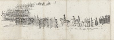 جنازة الملك الراحل ويليم الثاني في دلفت في 4 أبريل 1849 (الصفحة 1) خمس أوراق متجاورة من موكب جنازة ويليام الثاني في عام 1849 (عنوان السلسلة) بواسطة أريا كورنيليس كروسمان