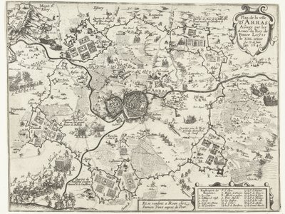 Beleg van Arras door de Fransen، 1640 مخطط لمدينة أراس المحاصرة بأذرع ملك فرنسا لويس الثالث عشر. عام 1640 (العنوان على الكائن) بواسطة داميان فو