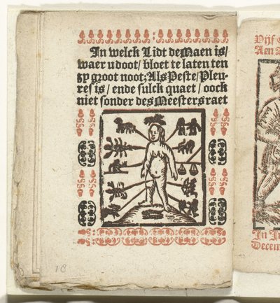 صفحة بالأماكن على جسم الإنسان لإراقة الدماء ، 1712 في أي Lidt de Maen / حيث تموت / لتنزف ما لم تكن ملاحظتك الرائعة ؛ إذا كان Peste / Pleures / ende sulck quaet / oock not sonder des Meestersraet (العنوان على الكائن) بواسطة غير معروف