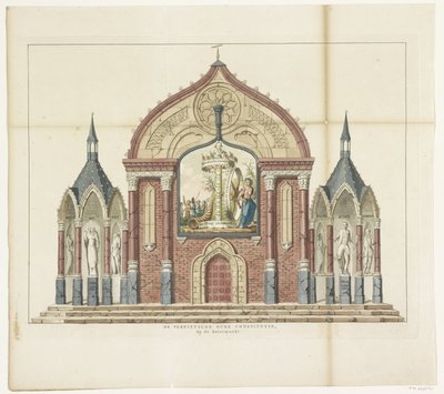 تدمير الدستور القديم ، زخرفة على Botermarkt ، 1795 الدستور القديم المدمر ، في Botermarkt خمسة عشر زخرفة في Alliantiefeest في أمستردام عام 1795 (عنوان السلسلة) بواسطة مجهول