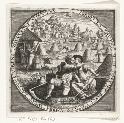 دي مااند جوني ، هويماكين ، كاليفورنيا. 1600 De twaalf maanden van het jaar verbeeld in scènes uit het volksleven (عنوان السلسلة) مخططات الاثني عشر شهرًا مع عملياتها ، والمطبقة على علامات البروج ، مقسمة إلى أربعة أجزاء من السنة (عنوان السلسلة على الكائن) بواسطة مارتن دي فوس