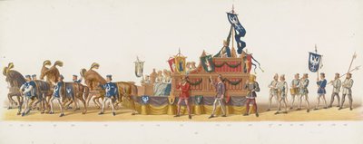 موكب دلفت عام 1873 (اللوحة الثامنة) موكب بالملابس أقامه أعضاء فيلق طلاب دلفت في 8 يوليو 1873 ، يصور: دخول كاريل فان إغموند ، دوق جيلدرز ، كونت زوتفن ، إلى أرنهيم في عام 1492 (سلسلة بواسطة تريسلينج وكومب.