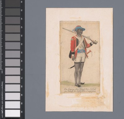 جندي أسود في خدمة شركة الهند الشرقية البريطانية Ein Seapoy، oder Ostindischer Soldat im Dienst der Englischen Compagnie (العنوان على الكائن) بواسطة مجهول