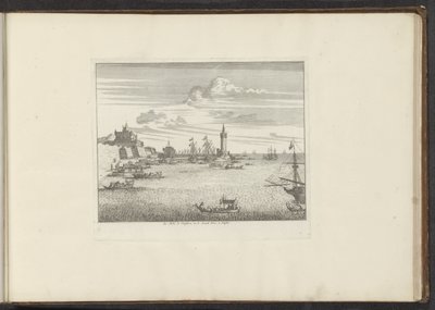 منظر للميناء مع منارة وقصر في نابولي Le Mole و Le Cinosura و le Castell Novo و Naples (العنوان على الكائن) القصور والمعالم الأثرية في البندقية وليفورنو ونابولي وروما (عنوان السلسلة) بواسطة ملكيور كوزيل (الأول) (ربما)