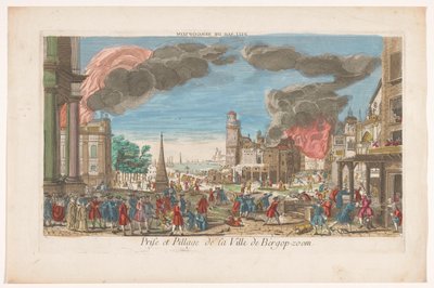 منظر لاستيلاء الفرنسيين على بيرغن أوب زوم ونهبها عام 1747 Pillage de Bergopzom (العنوان على الكائن) بواسطة مجهول