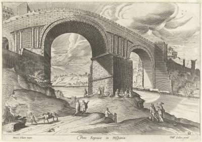 منظر لجسر مدينة سيغوفيا Pons Segouiae في هيسبانيا (العنوان على الكائن) نشرة Ruinarum varii (عنوان السلسلة) بواسطة فيليبس جالي