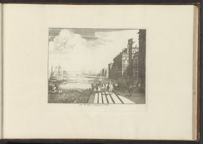 منظر لرصيف ميناء في البندقية مع أسد سان ماركو على عمود Veue dela Dogna à Venise pres de Saint Marc (العنوان على الكائن) القصور والمعالم الأثرية في البندقية وليفورنو ونابولي وروما (عنوان السلسلة) بواسطة ملكيور كوزيل (الأول) (ربما)