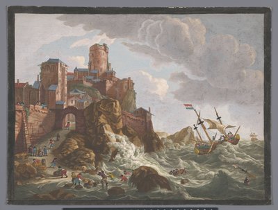 منظر لساحل به سفن وقوارب على منحدرات في النرويج Ecueil des côtes de Norwege (العنوان على الكائن) بواسطة لودولف باخويسن