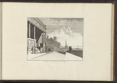 منظر لقصر على الساحل في نابولي Veue de la Mer ou est Situé le Palais du Vice Roy à Naples (العنوان على الكائن) القصور والمعالم الأثرية في البندقية وليفورنو ونابولي وروما (عنوان السلسلة) بواسطة ملكيور كوزيل (الأول) (ربما)