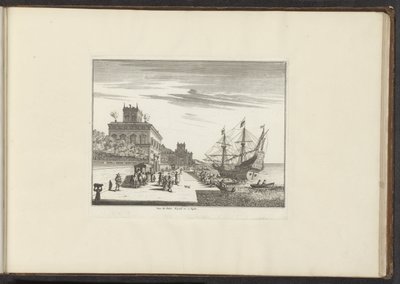 منظر للقصر الملكي على الساحل في نابولي Veue du Palais Royael & c: à Naples (العنوان على الكائن) القصور والمعالم الأثرية في البندقية وليفورنو ونابولي وروما (عنوان السلسلة) بواسطة ملكيور كوزيل (الأول) (ربما)